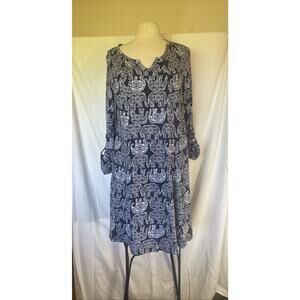 Crown & Ivy White & Blue Roll Tab Cotton Modal Soft Casual Knee Length Dress 1X